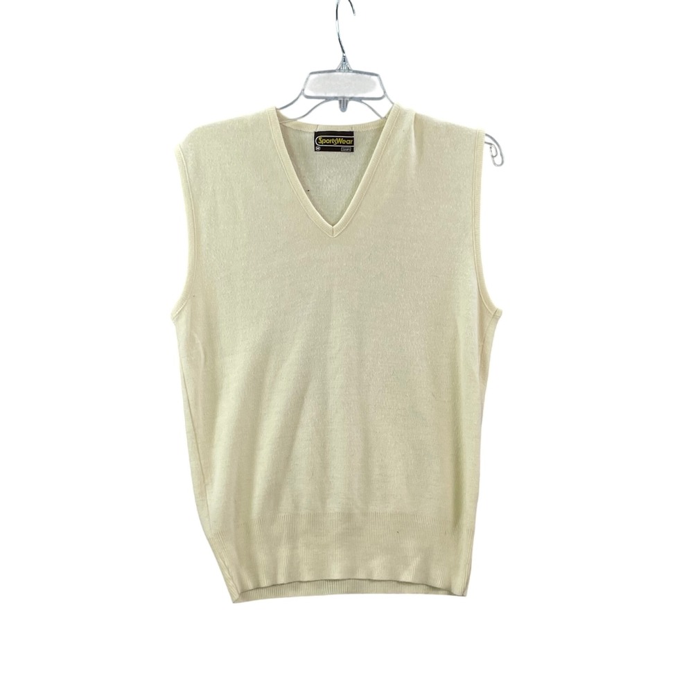 Sears Sportswear Sweater Vest Mens Medium Cream Vintage V-Neck Knit Layering 80s
